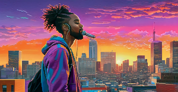 A musician on a rooftop in a city, interacting with their phone, with colorful graffiti and a sunset skyline in the background.
