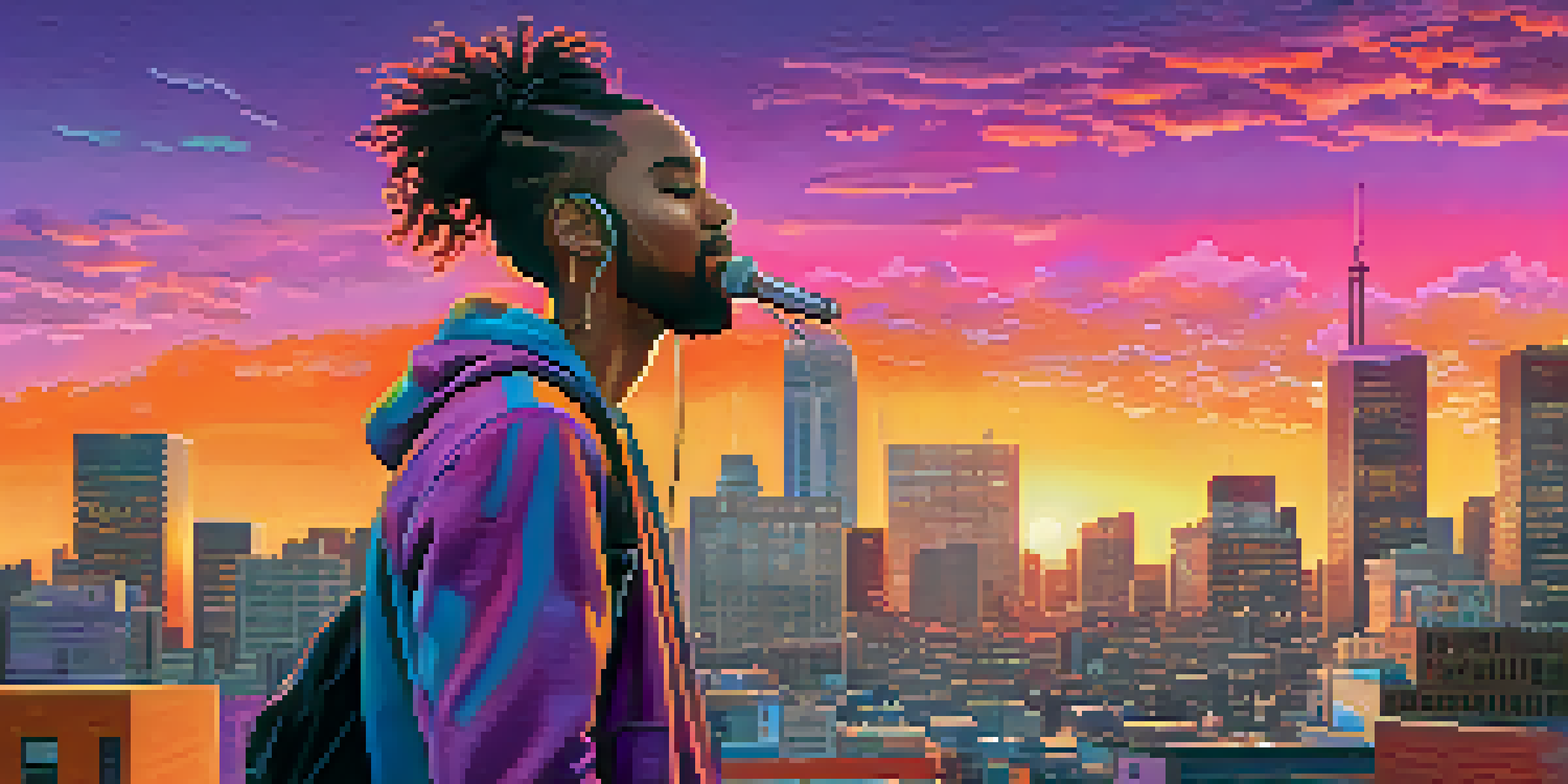 A musician on a rooftop in a city, interacting with their phone, with colorful graffiti and a sunset skyline in the background.