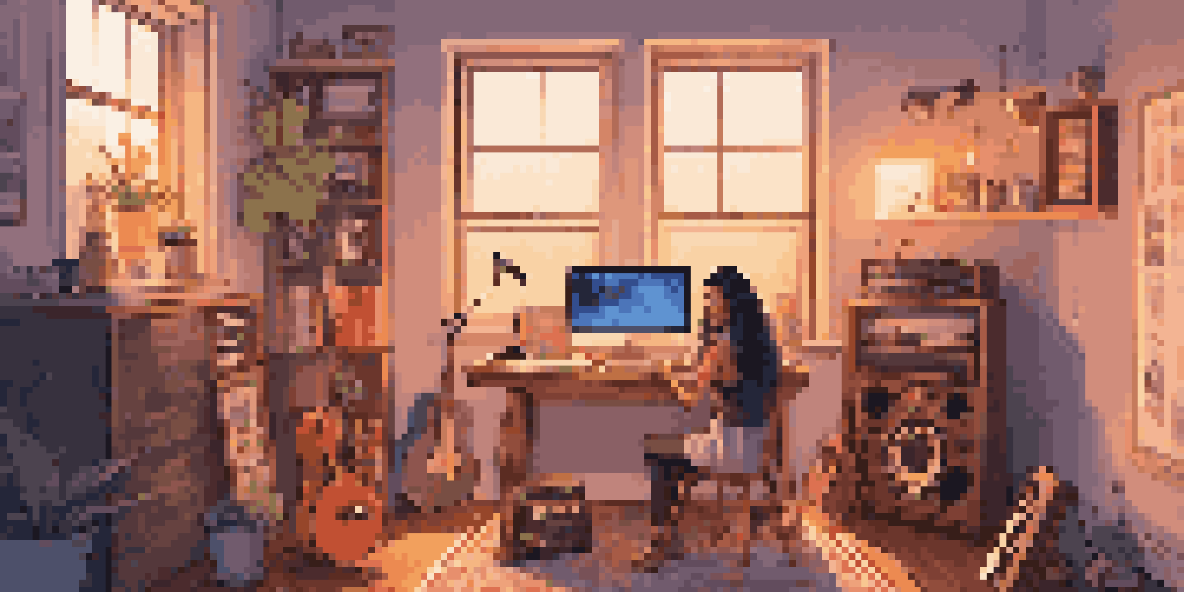 An independent artist in a home studio, interacting with social media on a laptop surrounded by musical instruments, with warm lighting and colorful posters.