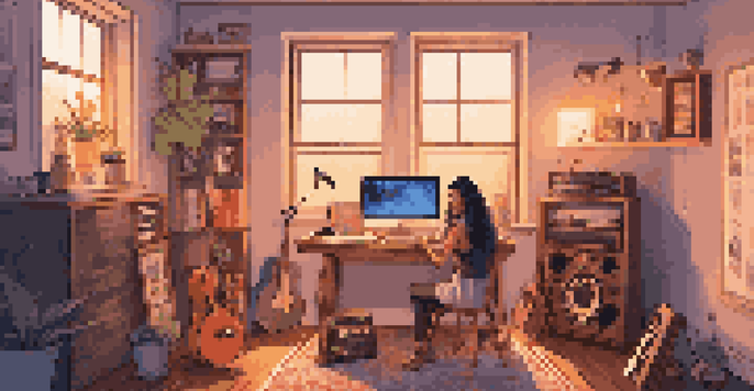 An independent artist in a home studio, interacting with social media on a laptop surrounded by musical instruments, with warm lighting and colorful posters.