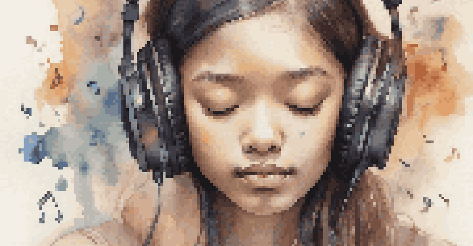 A young person with headphones enjoying music, surrounded by cultural symbols and musical notes in a soft-lit environment.
