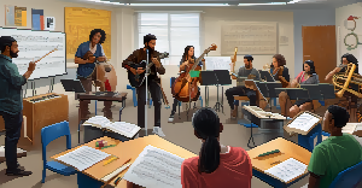 A classroom scene with diverse music students learning about cultural sensitivity, led by an instructor with various musical instruments around.