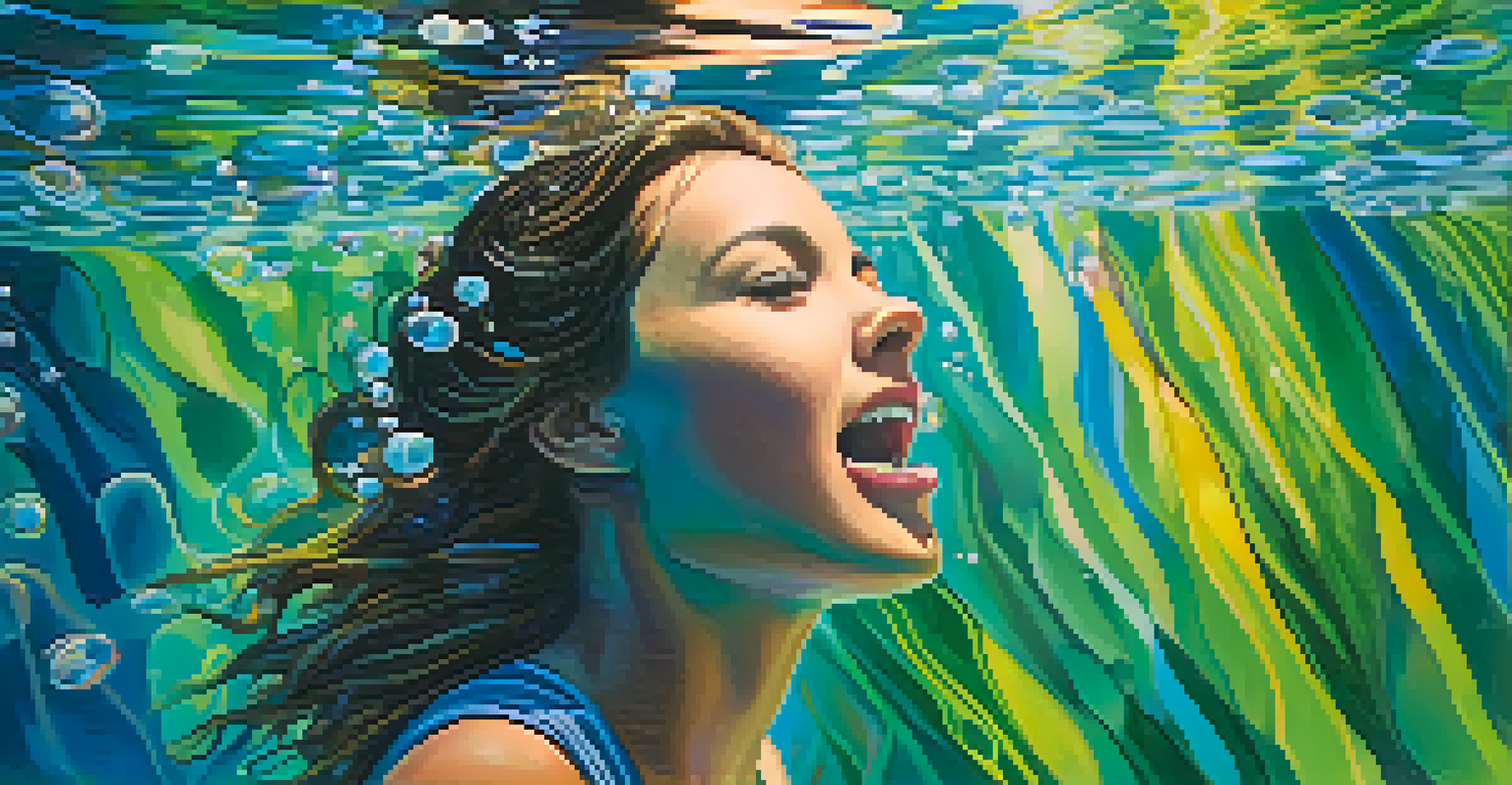 An underwater view of a person speaking, surrounded by colorful sound waves and bubbles, with sunlight filtering through the water.