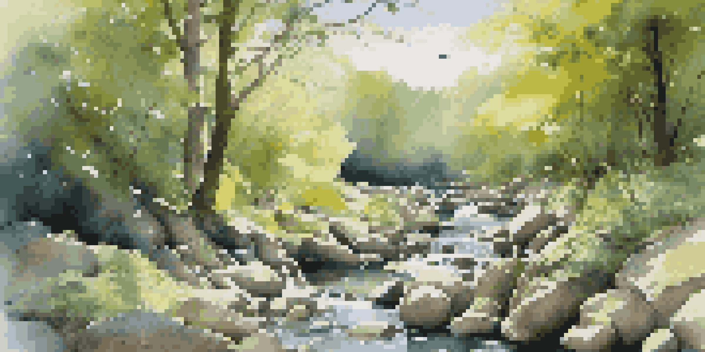 A peaceful forest scene with a flowing stream, sunlight filtering through leaves, and birds perched on branches.