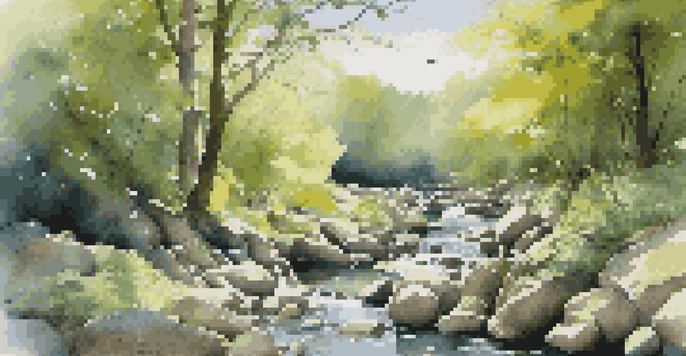 A peaceful forest scene with a flowing stream, sunlight filtering through leaves, and birds perched on branches.