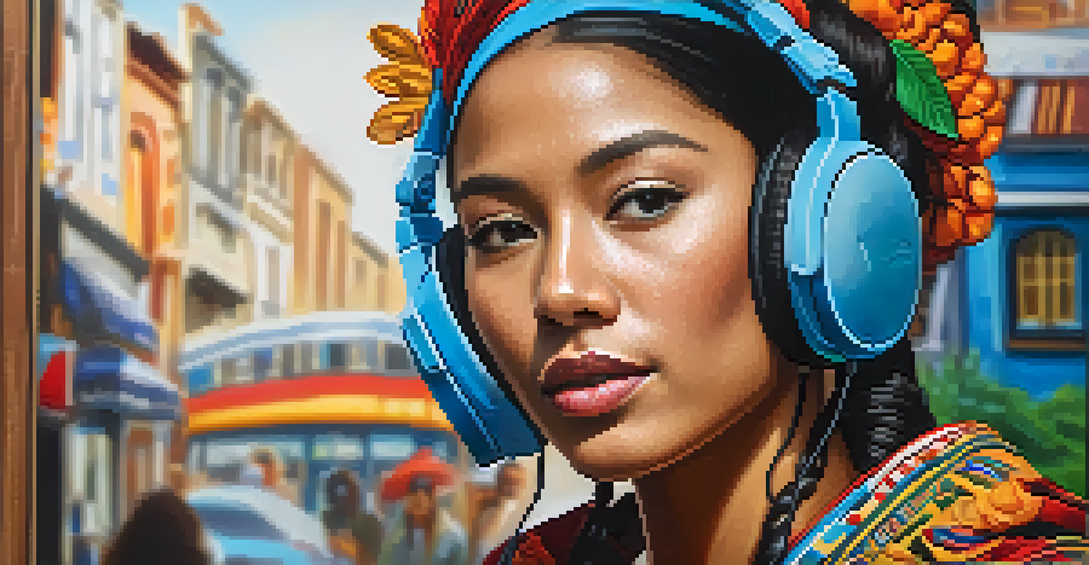 A young woman in traditional clothing listening to music with headphones, surrounded by vibrant street art in her multicultural community.