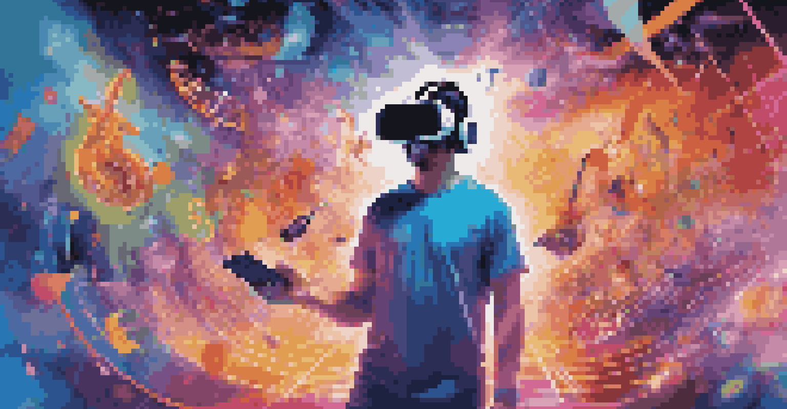 A person enjoying a virtual reality concert with holographic visuals and a futuristic digital landscape.