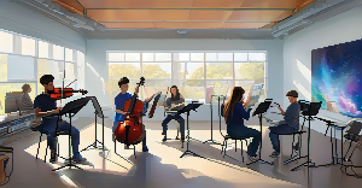 A modern classroom with music students using technology for learning, showcasing an engaging educational environment.