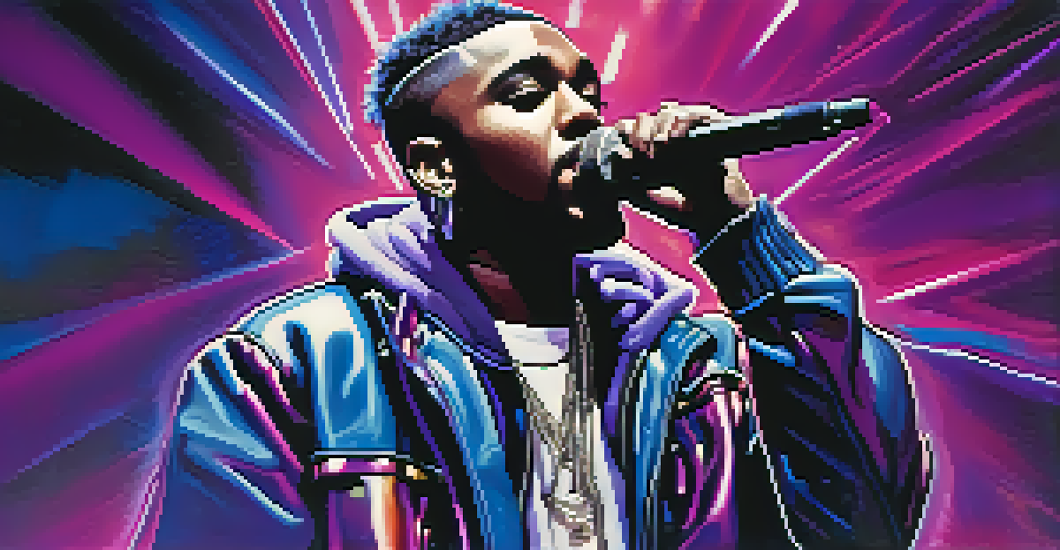 A hip-hop artist performing on stage with dramatic lighting and expressive features.