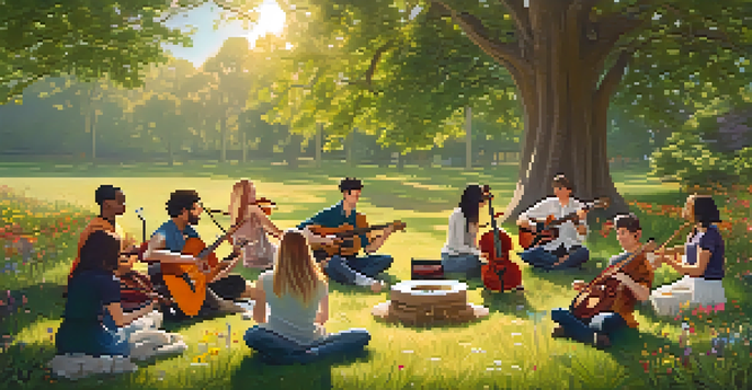 A tranquil outdoor music therapy session with diverse individuals playing musical instruments in a sunny landscape.