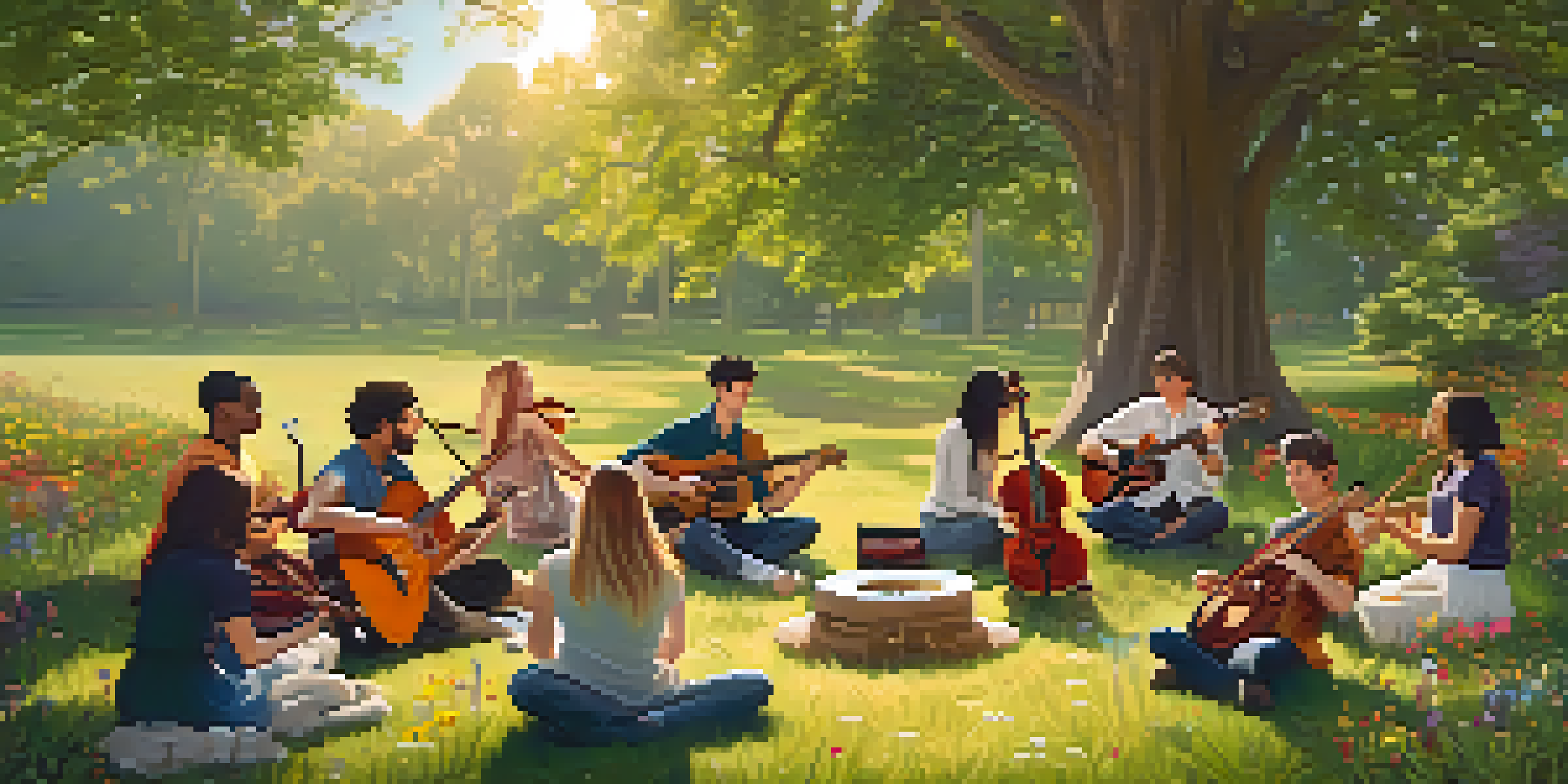 A tranquil outdoor music therapy session with diverse individuals playing musical instruments in a sunny landscape.