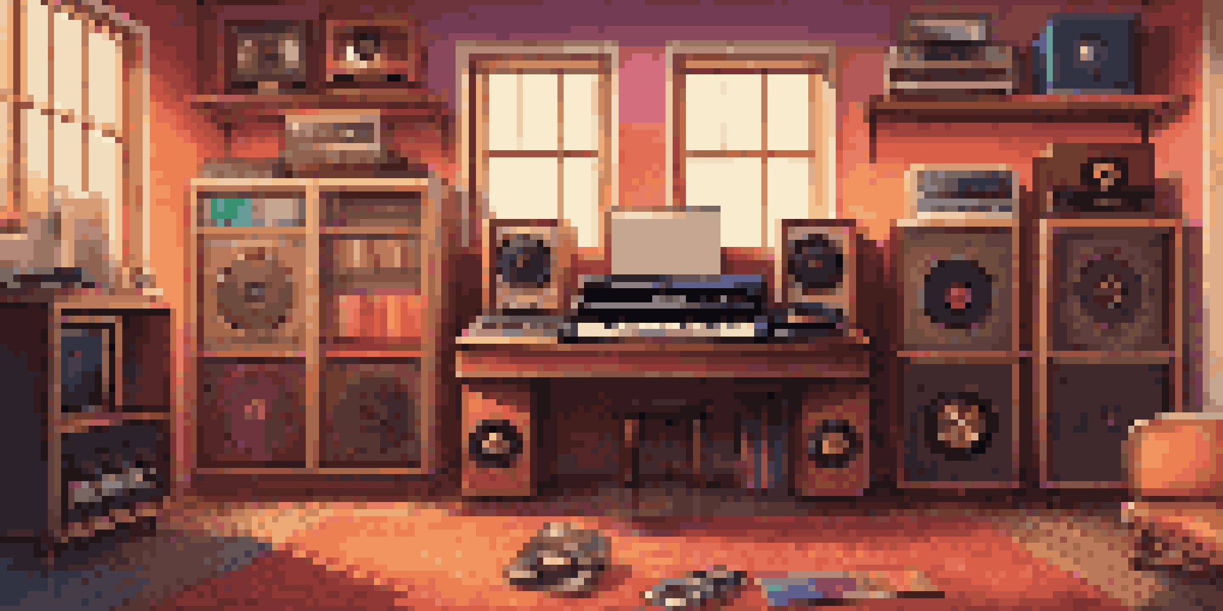 A cozy music studio showcasing vintage vinyl records and modern digital equipment, illuminated by warm lighting.