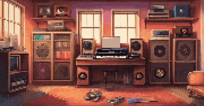 A cozy music studio showcasing vintage vinyl records and modern digital equipment, illuminated by warm lighting.