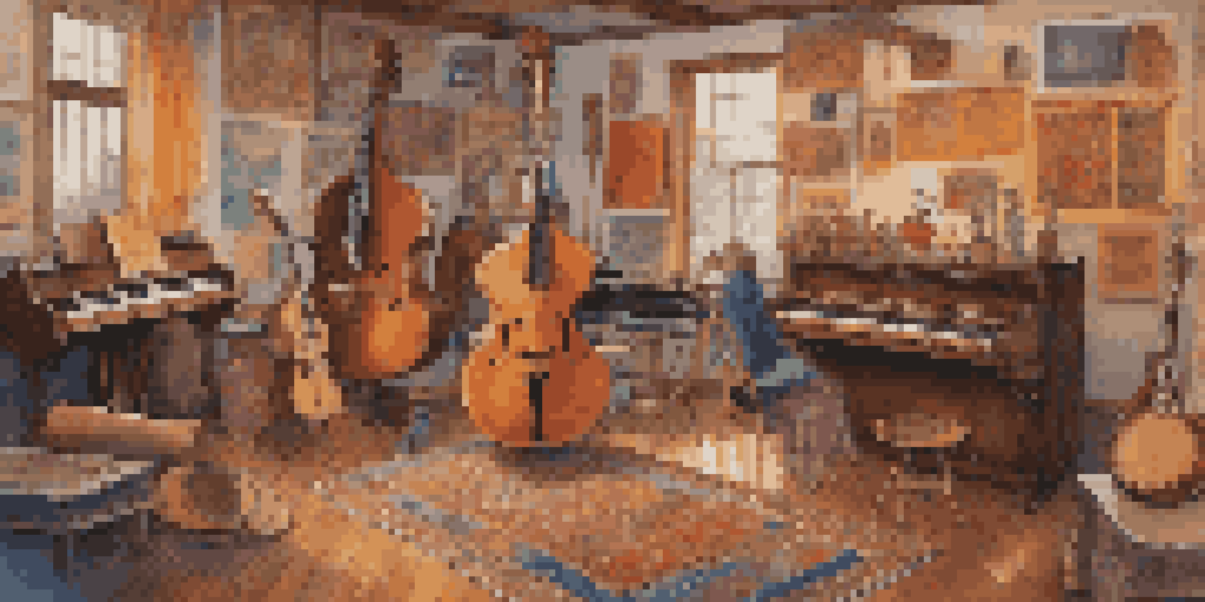 A colorful music studio featuring diverse instruments, with a sitar being played in the foreground and a saxophonist in the background, surrounded by cultural posters.