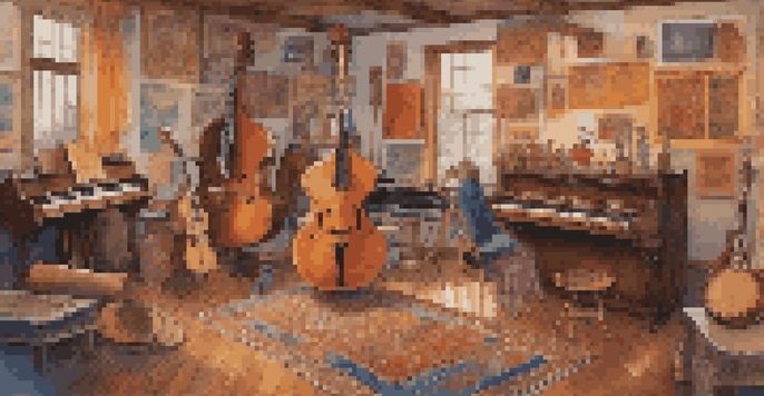 A colorful music studio featuring diverse instruments, with a sitar being played in the foreground and a saxophonist in the background, surrounded by cultural posters.