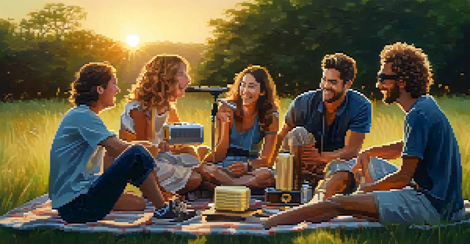 A group of friends enjoying music at a picnic during sunset, surrounded by greenery and laughter.