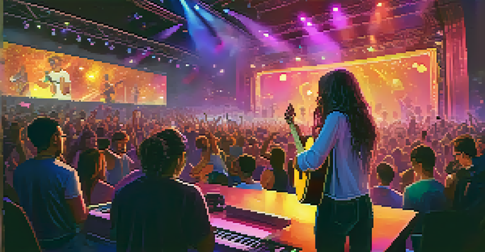 A musician performing an acoustic set on stage with colorful lights, while a virtual audience interacts through comments and emojis.
