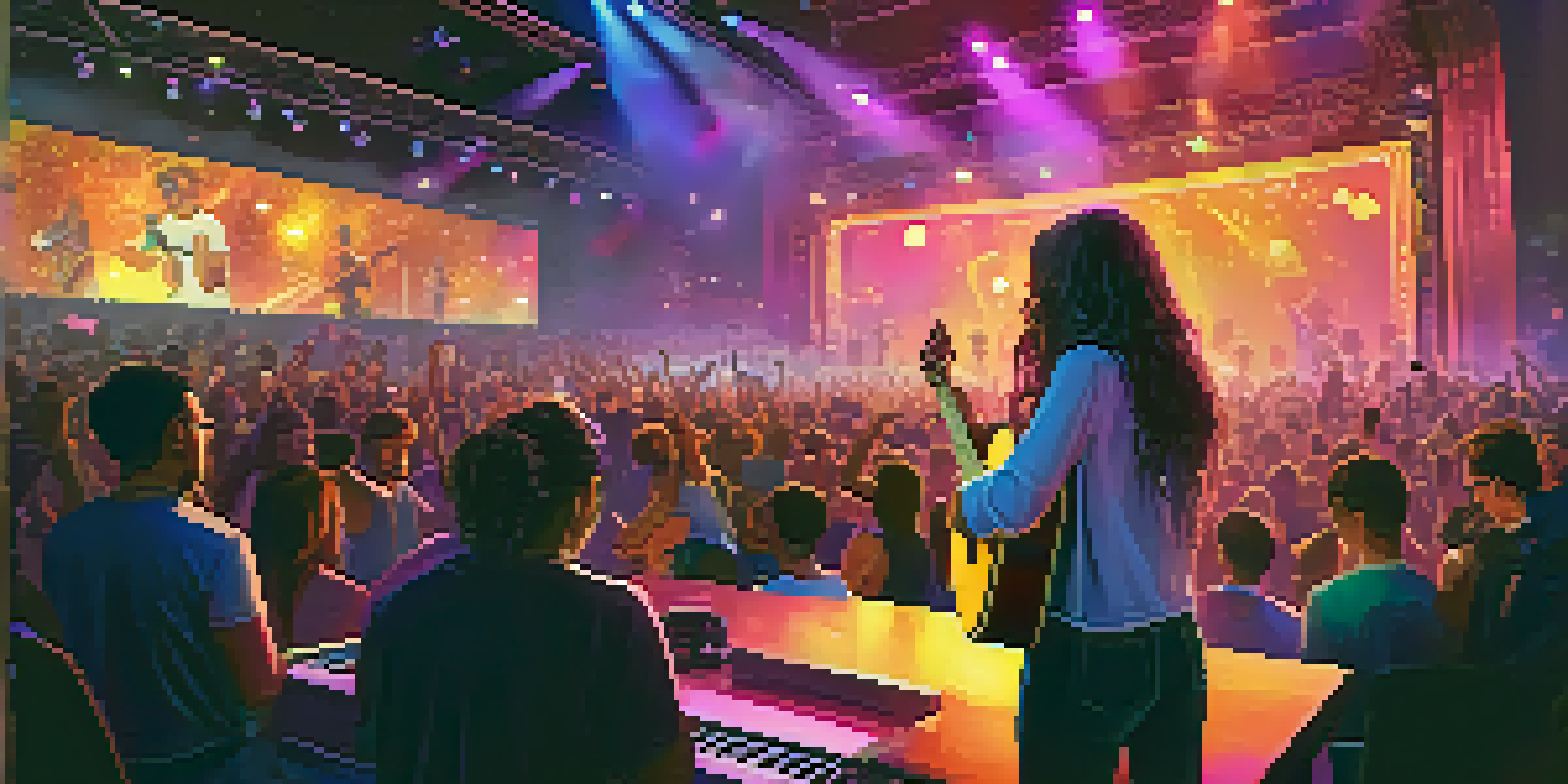 A musician performing an acoustic set on stage with colorful lights, while a virtual audience interacts through comments and emojis.