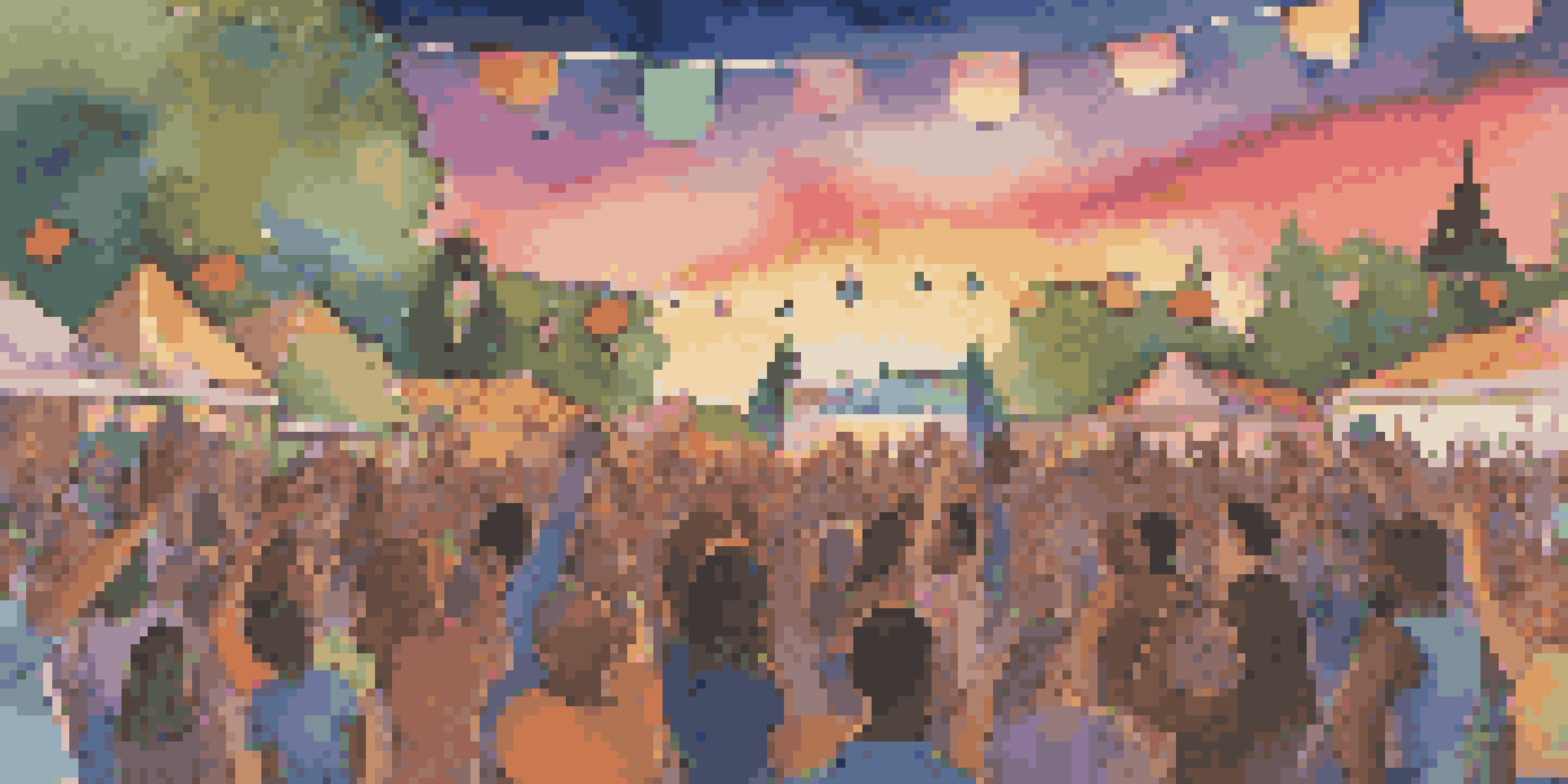 A lively music festival at sunset with musicians on stage and an engaged audience dancing, highlighting climate advocacy.