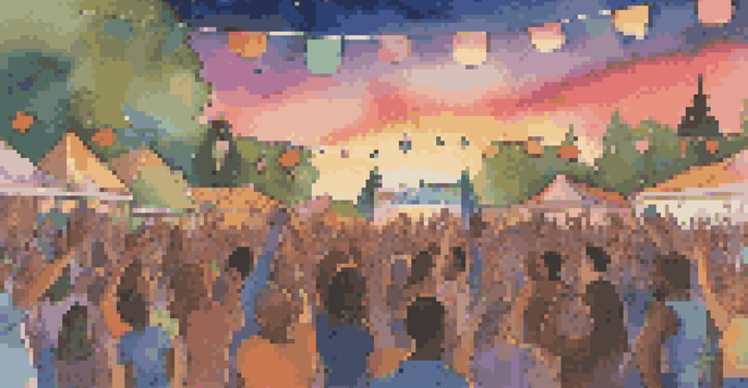 A lively music festival at sunset with musicians on stage and an engaged audience dancing, highlighting climate advocacy.