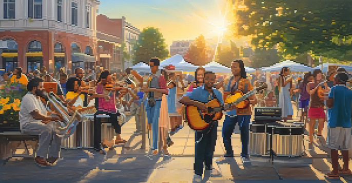 A lively park scene with diverse street musicians playing music, surrounded by an enthusiastic audience and blooming flowers under a warm sunset glow.