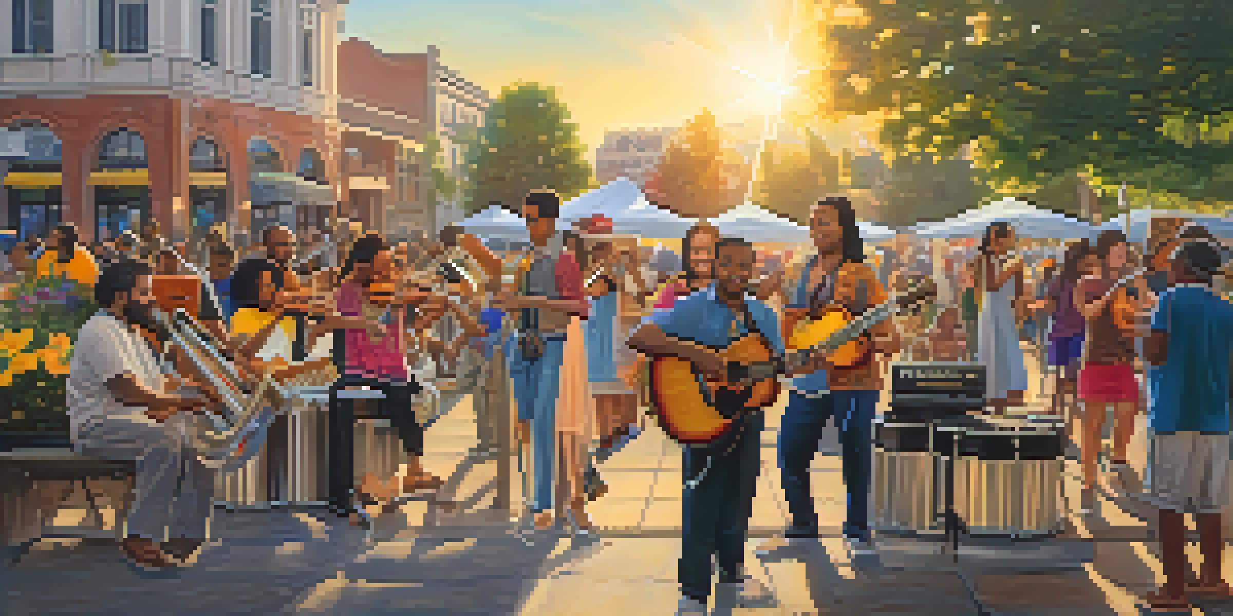 A lively park scene with diverse street musicians playing music, surrounded by an enthusiastic audience and blooming flowers under a warm sunset glow.
