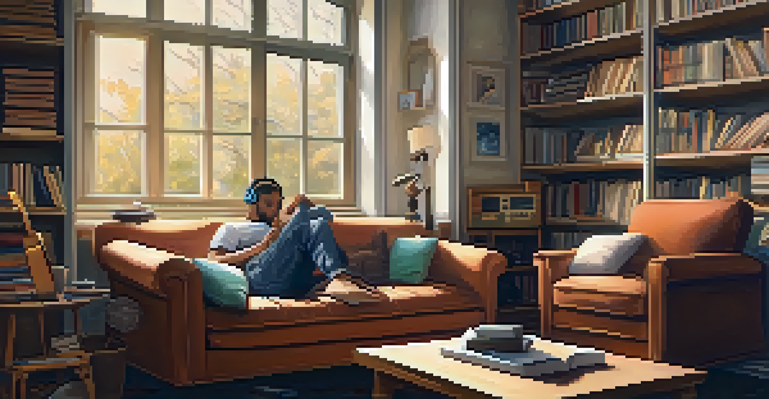 A person sitting on a couch with headphones, eyes closed and a peaceful expression, surrounded by musical instruments and books in a softly lit room.