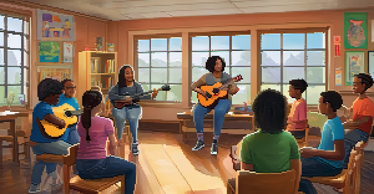 A music workshop in a classroom with diverse individuals learning guitar from a teacher.