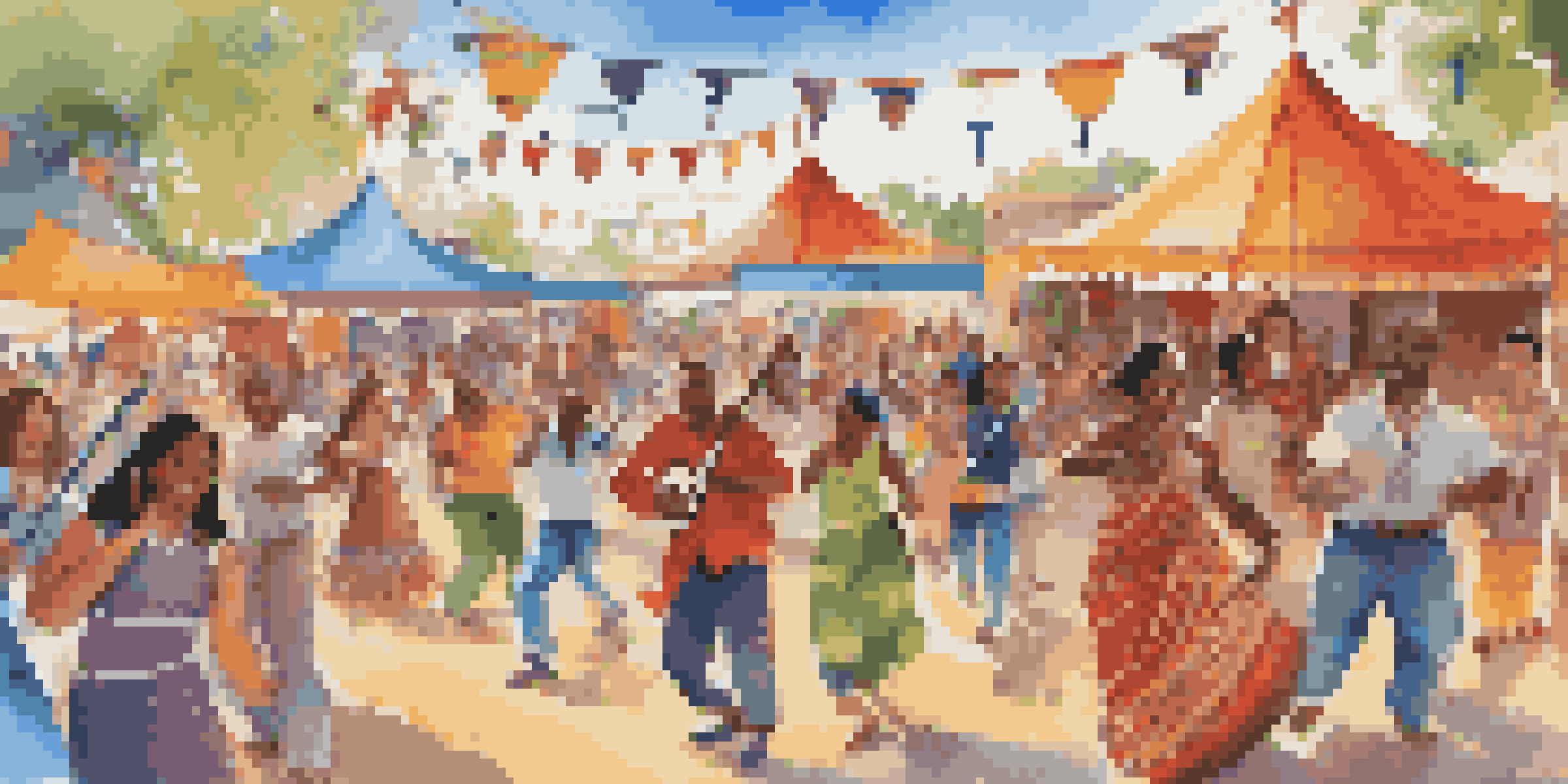 A vibrant multicultural music festival with diverse people dancing and musicians performing with various instruments under a sunny sky.