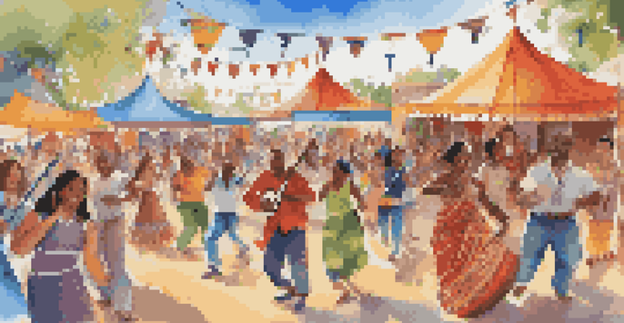 A vibrant multicultural music festival with diverse people dancing and musicians performing with various instruments under a sunny sky.