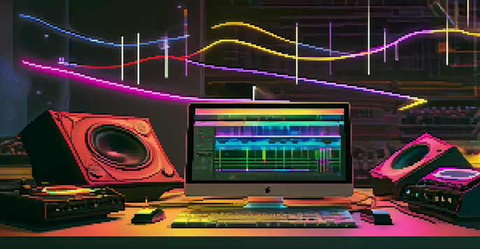 A digital audio workstation setup with a laptop displaying colorful waveforms, MIDI controllers, and a drum machine in a softly lit room.