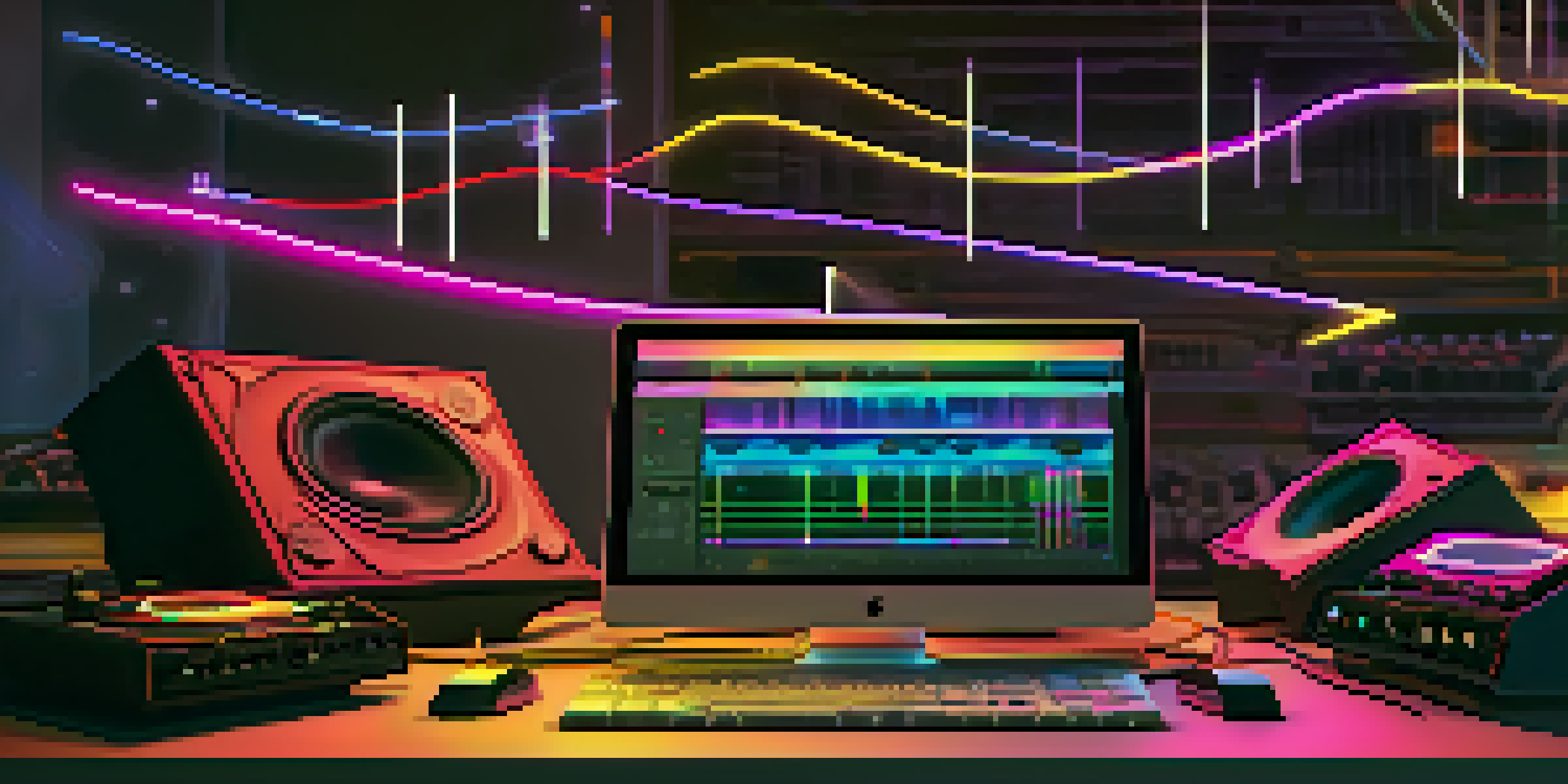 A digital audio workstation setup with a laptop displaying colorful waveforms, MIDI controllers, and a drum machine in a softly lit room.