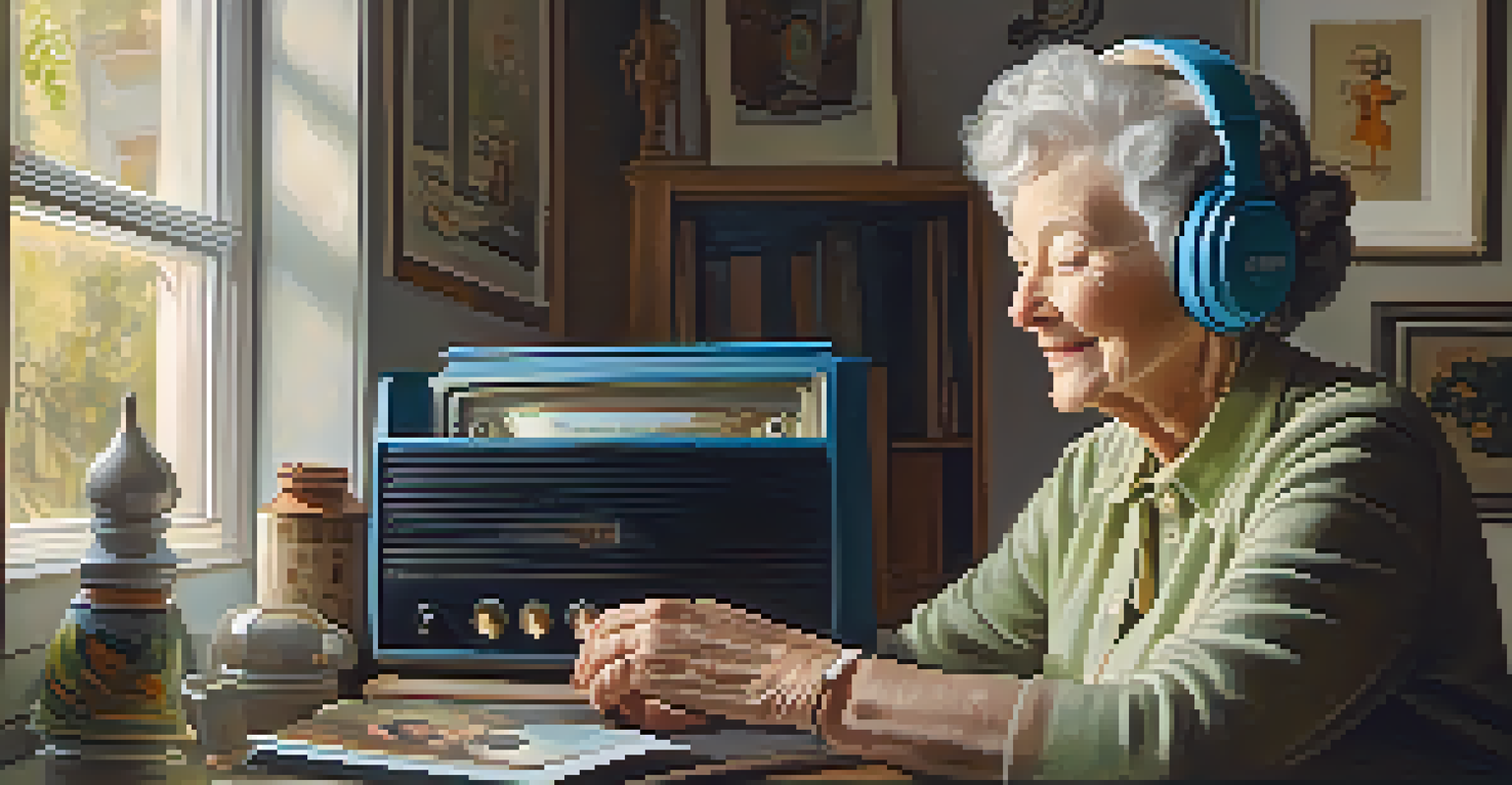 An elderly woman enjoying music with headphones, surrounded by nostalgic items like photographs and a record player, illuminated by soft light.