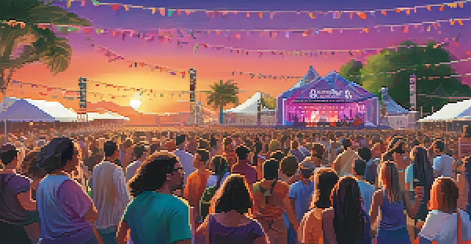 A lively music festival with a diverse crowd dancing in front of a colorful stage during sunset.