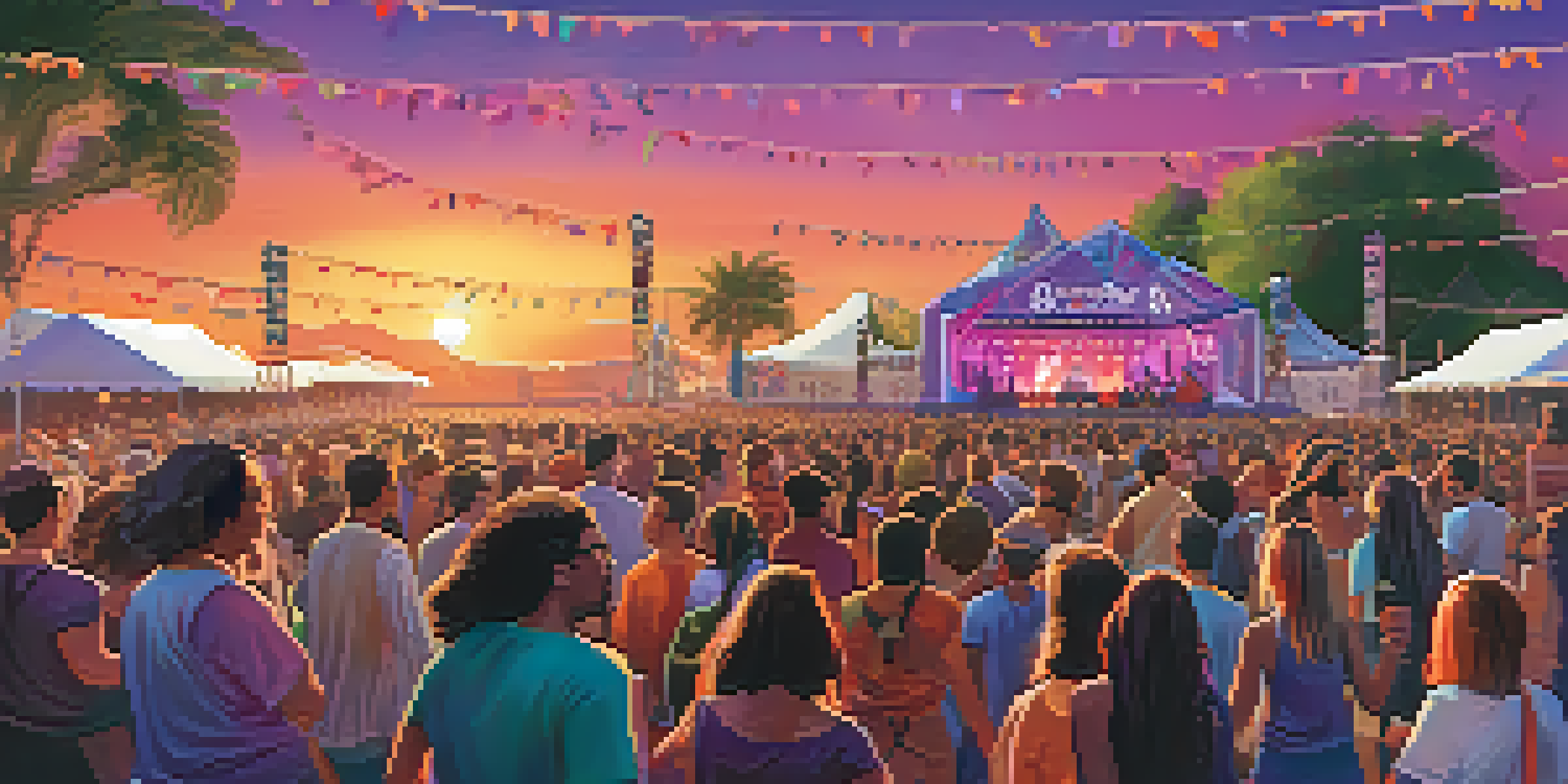 A lively music festival with a diverse crowd dancing in front of a colorful stage during sunset.
