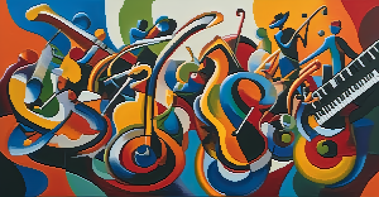 An abstract painting that captures the rhythms of jazz music with bold colors and fluid shapes, conveying a sense of movement.