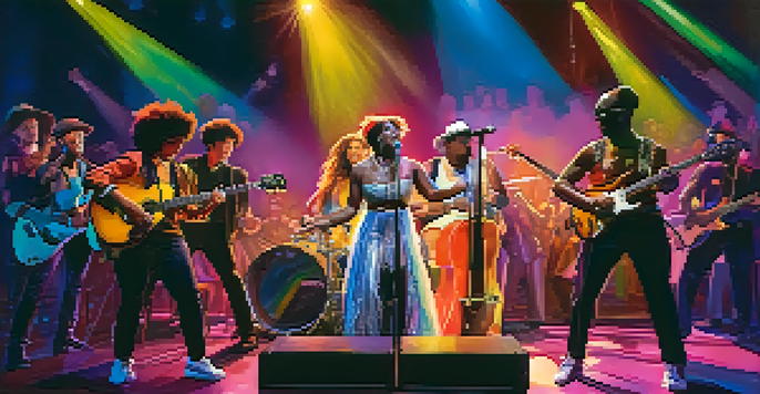 A diverse group of musicians performing on stage with colorful lights and an engaged audience, celebrating gender diversity in music.