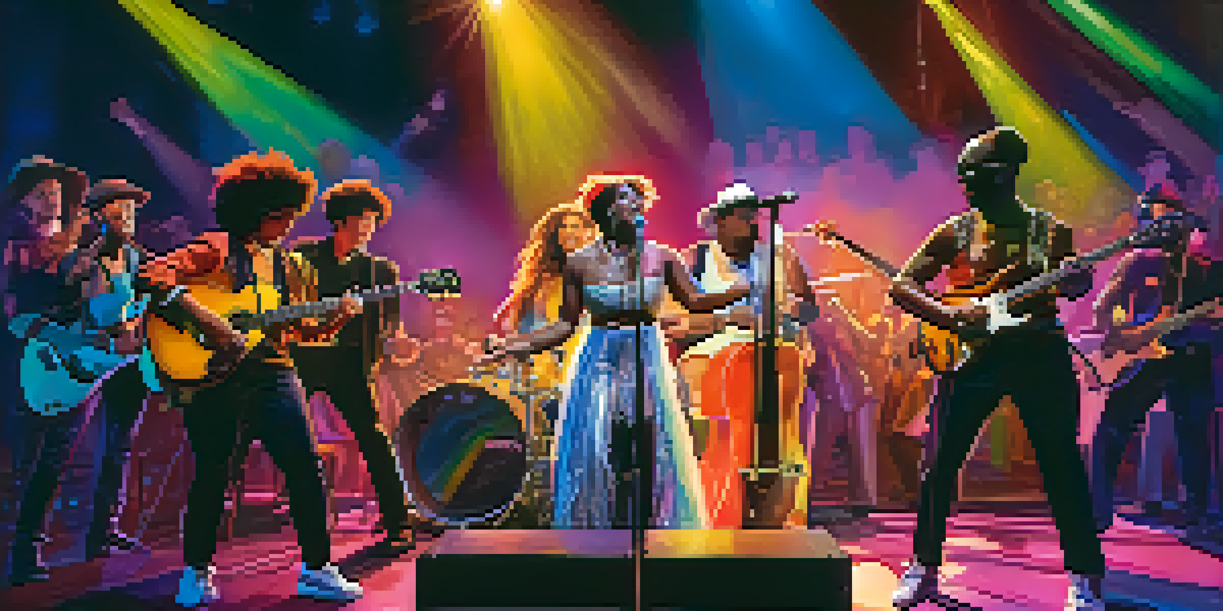A diverse group of musicians performing on stage with colorful lights and an engaged audience, celebrating gender diversity in music.