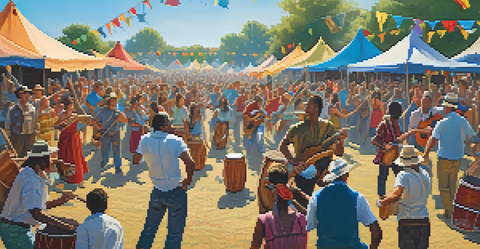 A lively folk music festival with people dancing around a bonfire and colorful banners, showcasing traditional instruments.