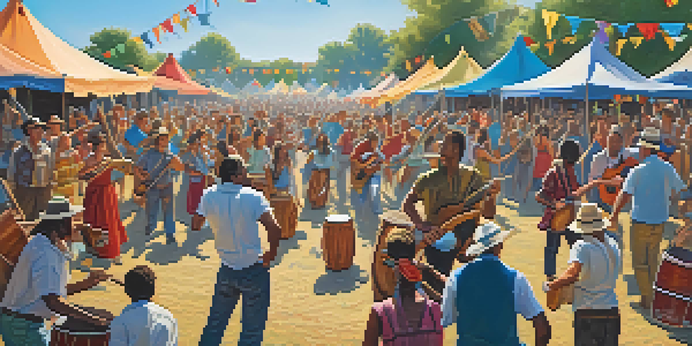 A lively folk music festival with people dancing around a bonfire and colorful banners, showcasing traditional instruments.
