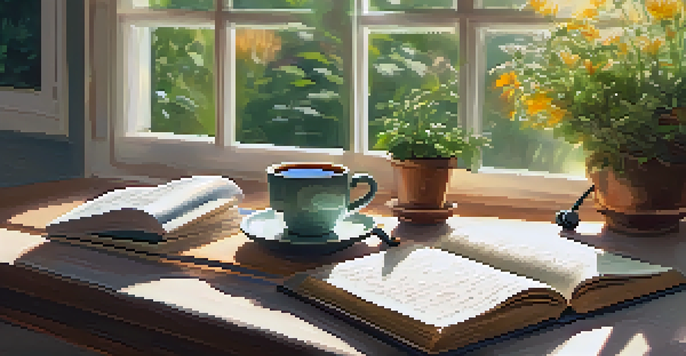 A cozy study setup featuring a wooden desk with an open notebook, a cup of herbal tea, and headphones, with a garden view outside the window.