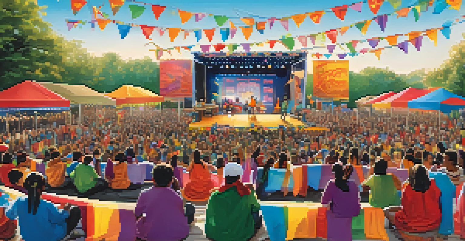 A vibrant outdoor multicultural music festival with students performing in cultural attire on stage, surrounded by an excited audience.