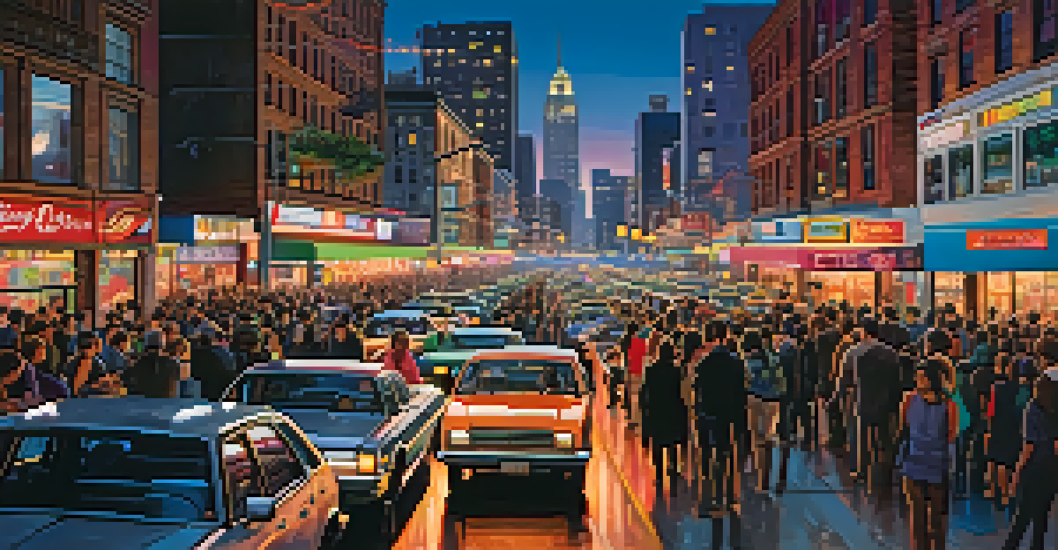 An energetic city scene at dusk, filled with bright lights and busy streets, reflecting the sounds of urban life.