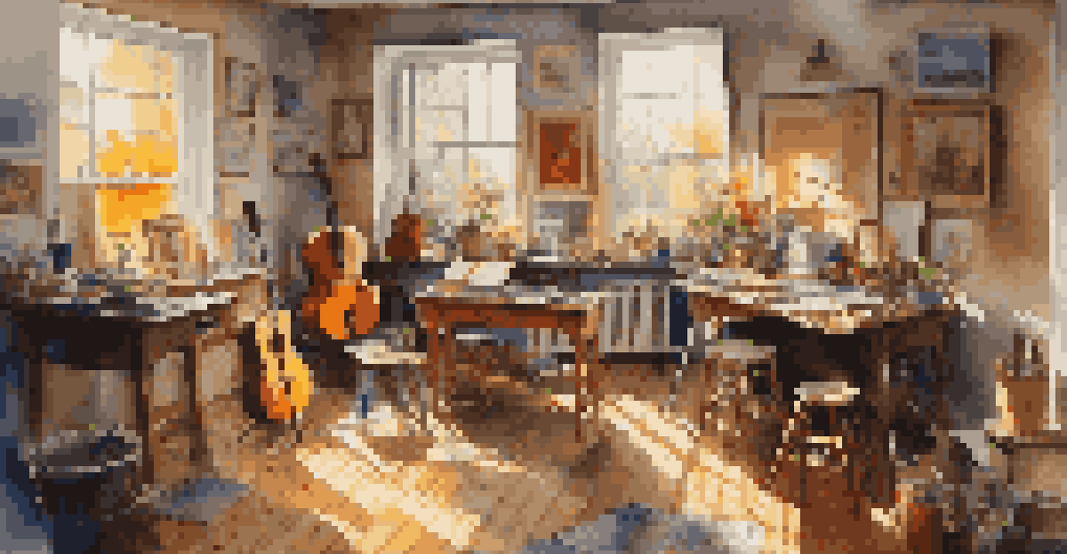 An artist's studio with canvases, instruments, and sunlight creating a vibrant atmosphere.