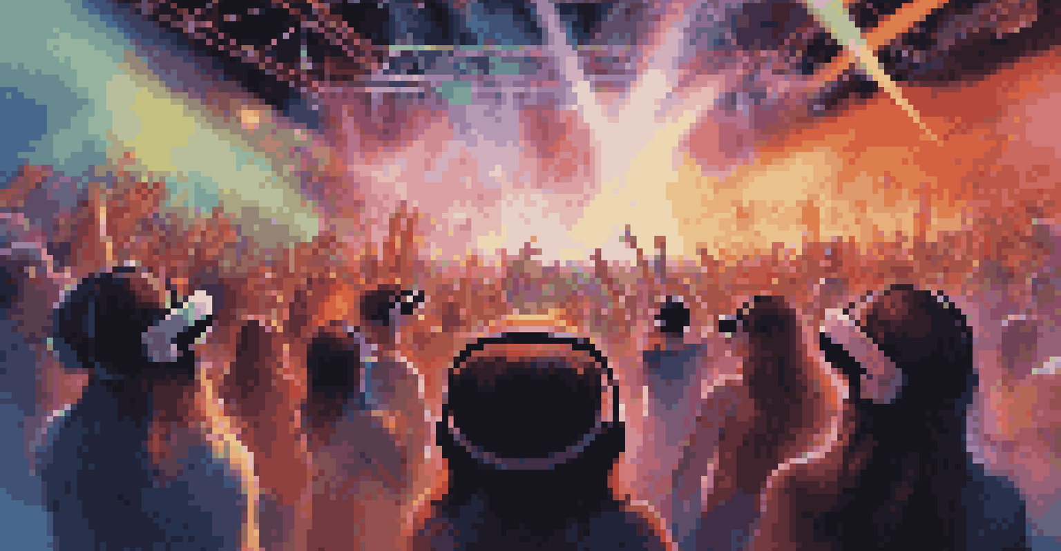 A virtual reality concert with an artist performing on stage and an engaged audience wearing VR headsets, surrounded by vibrant lights.