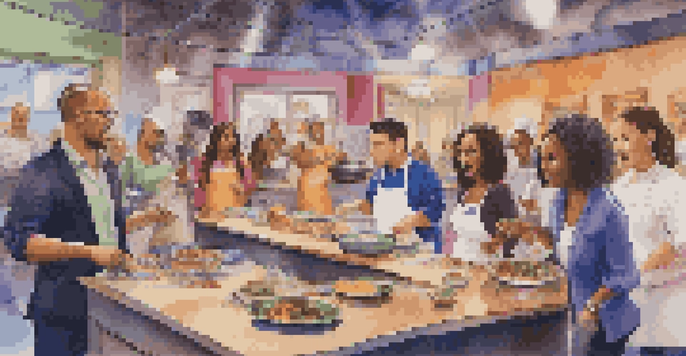 A lively reality TV cooking competition set with contestants focused on their tasks, colorful lights, and a ticking clock.
