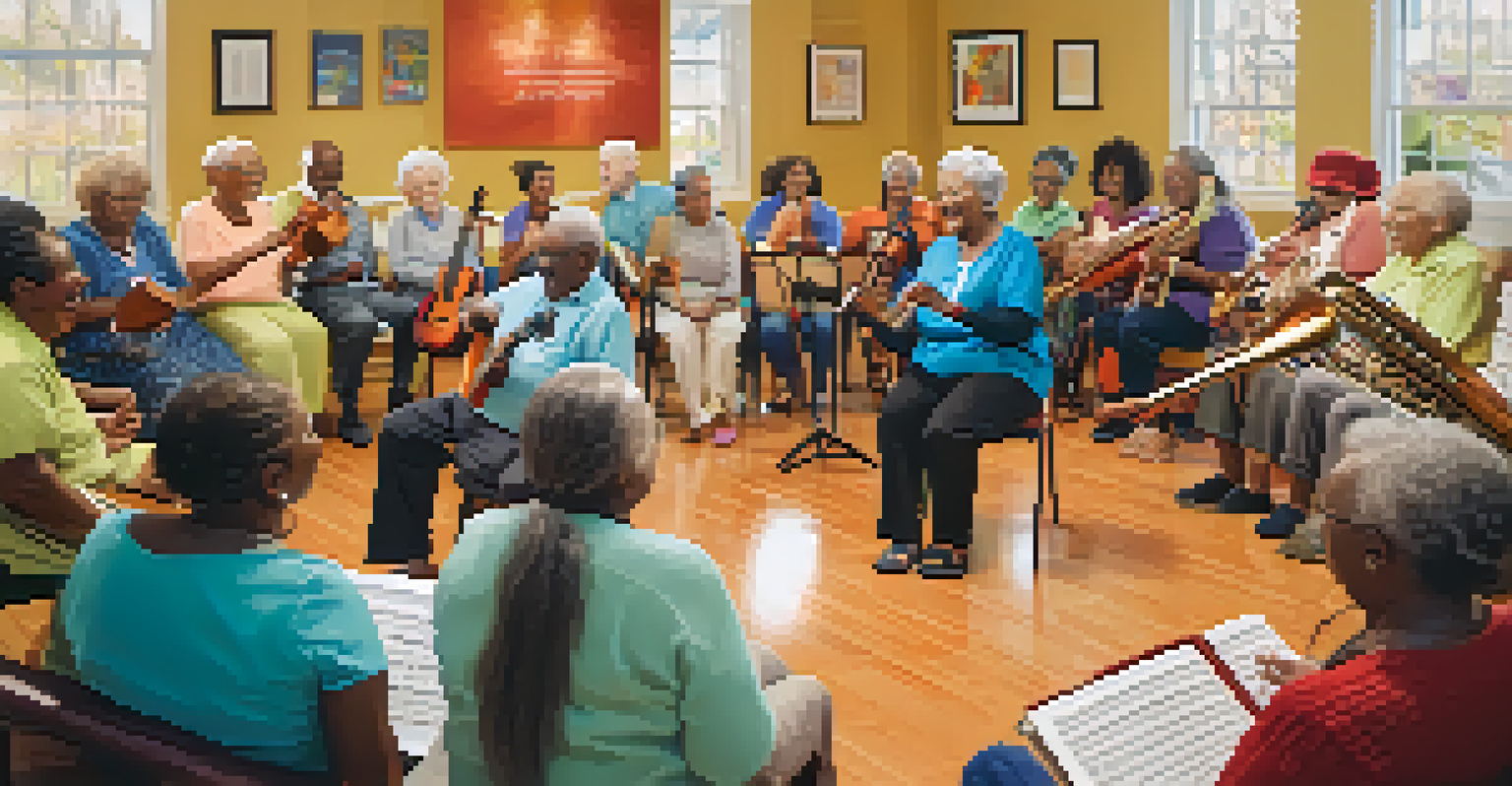 A group of seniors participating in a joyful music therapy session in a community center.
