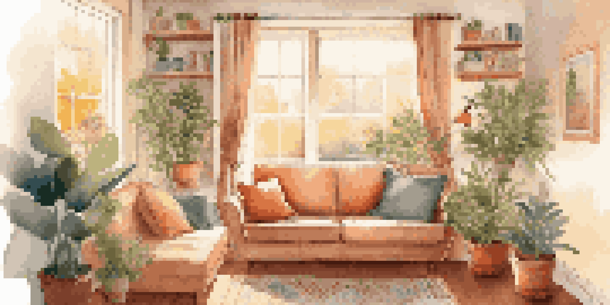 A person sitting on a sofa in a cozy living room, wearing earbuds and listening to calming music, with soft light and plants around.