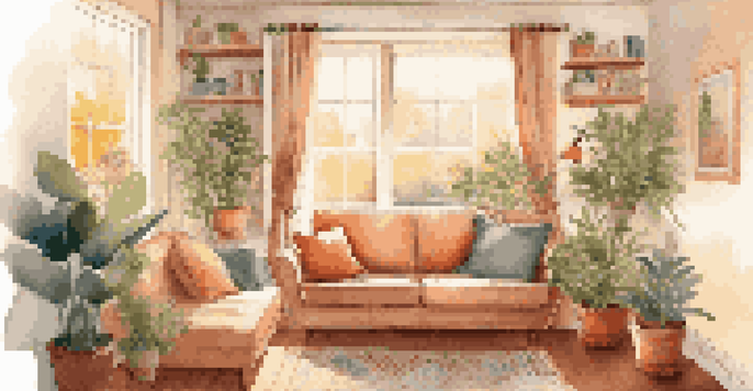 A person sitting on a sofa in a cozy living room, wearing earbuds and listening to calming music, with soft light and plants around.