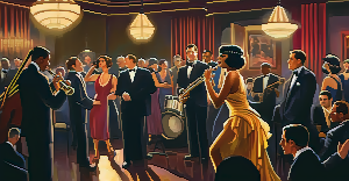 A female jazz singer performing on stage in a lively 1920s jazz club, with patrons enjoying the music in a warm, golden-lit environment.